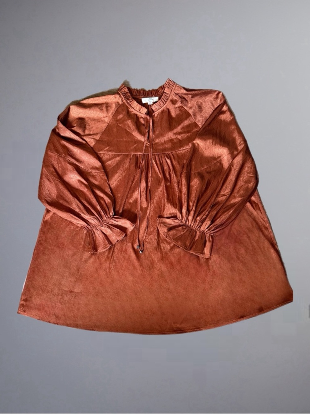Entro Brown Satin Babydoll Blouse Boho Peasant Tie Neck Puff Sleeve XL - Picture 3 of 7